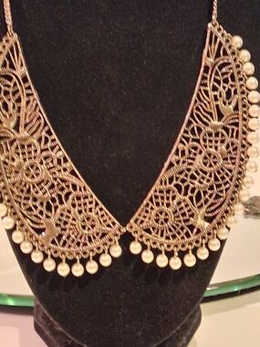 Gold Filigree Pearl Fringe Collar Necklace - Women's Jewelry